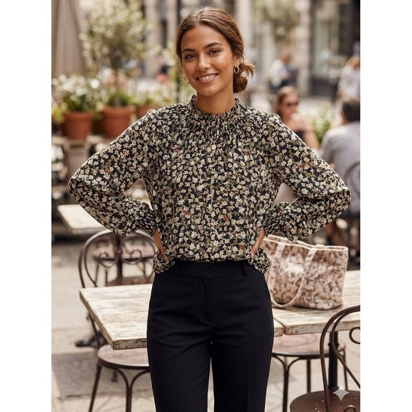 LOFT Tops - LOFT Floral Smocked Mock Neck Blouse Black Multi Long Sleeve Top Large